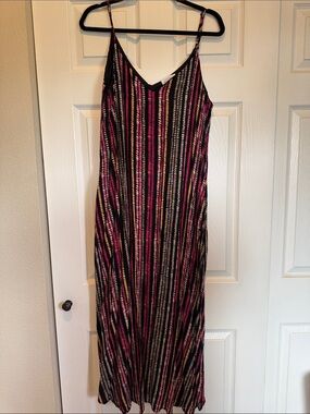 Striped V-Neck Spaghetti Strap Maxi Dress - Black & Pink